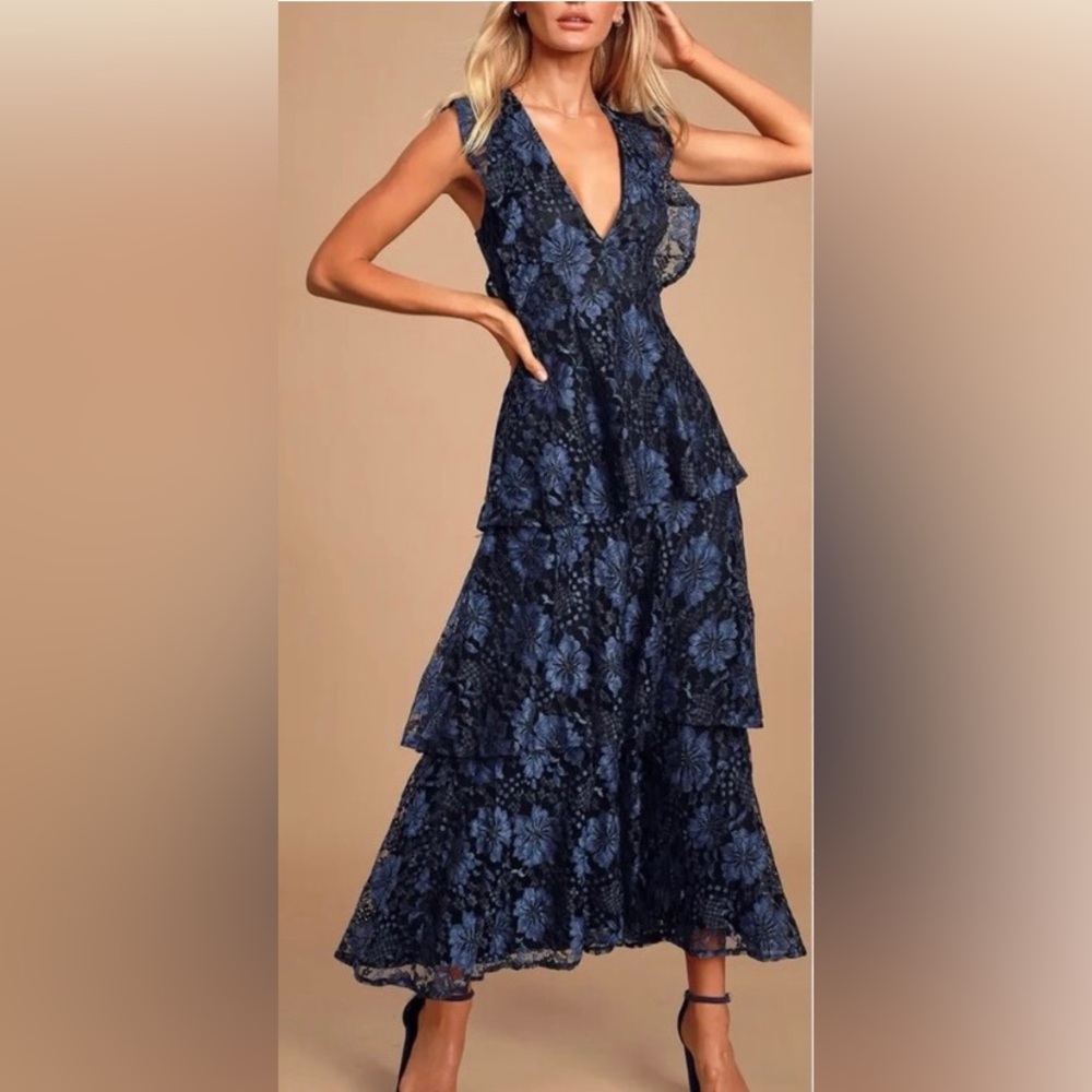 Molinetto Navy Blue Lace Ruffled Tiered Sleeveless Maxi Dress